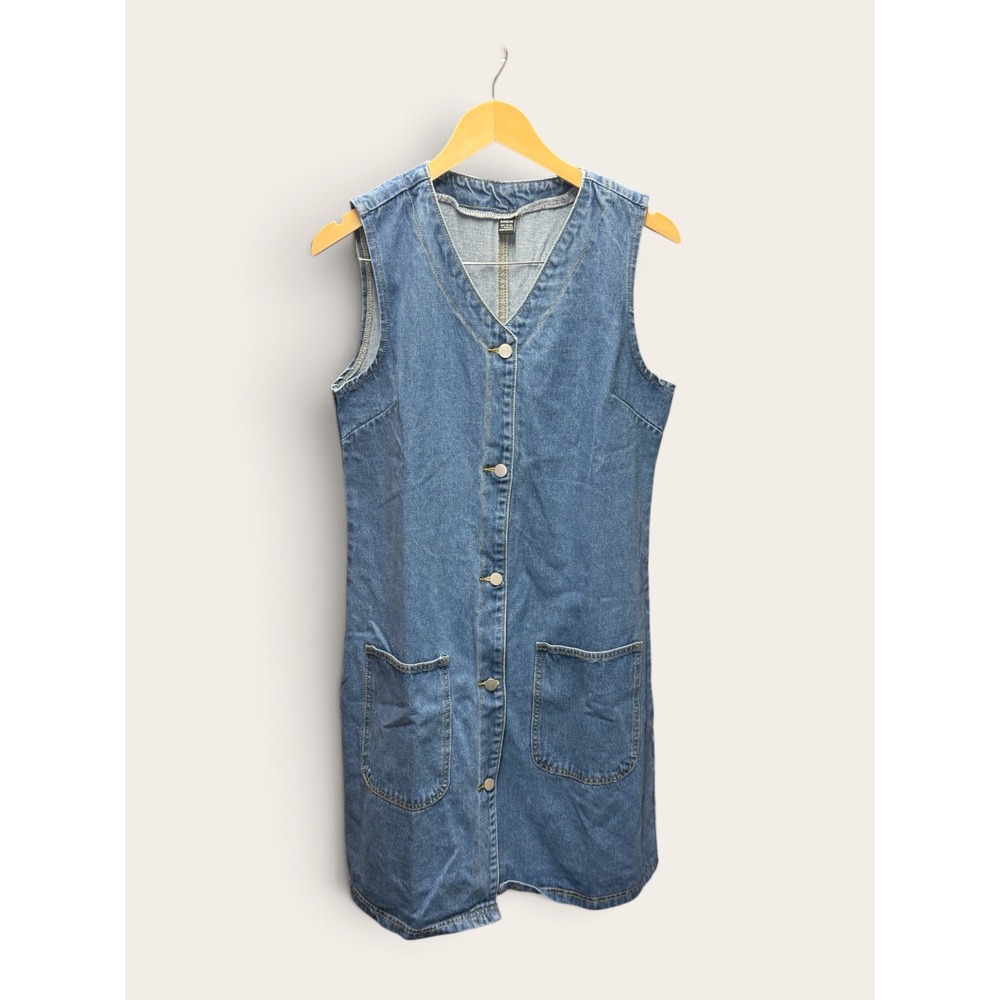 SHEIN Womens Blue Denim Jumper Dress Button Front Sleeveless Pocket V-Neck Large